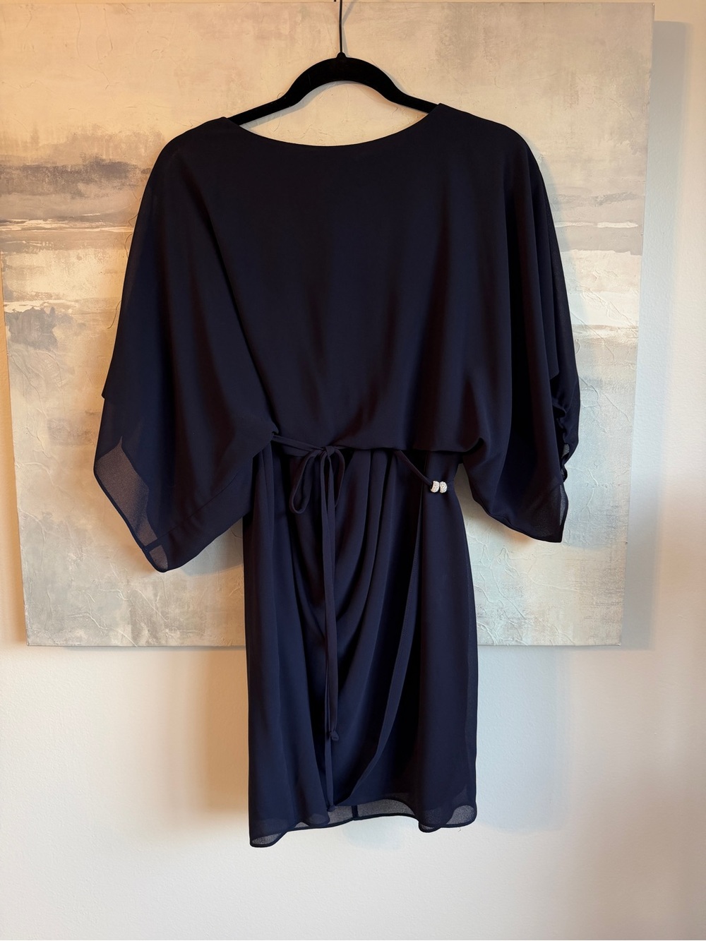 Jessica Howard Navy Chiffon Overlay Cocktail Dress Batwing Sleeve Tie Waist 10 - Picture 2 of 5